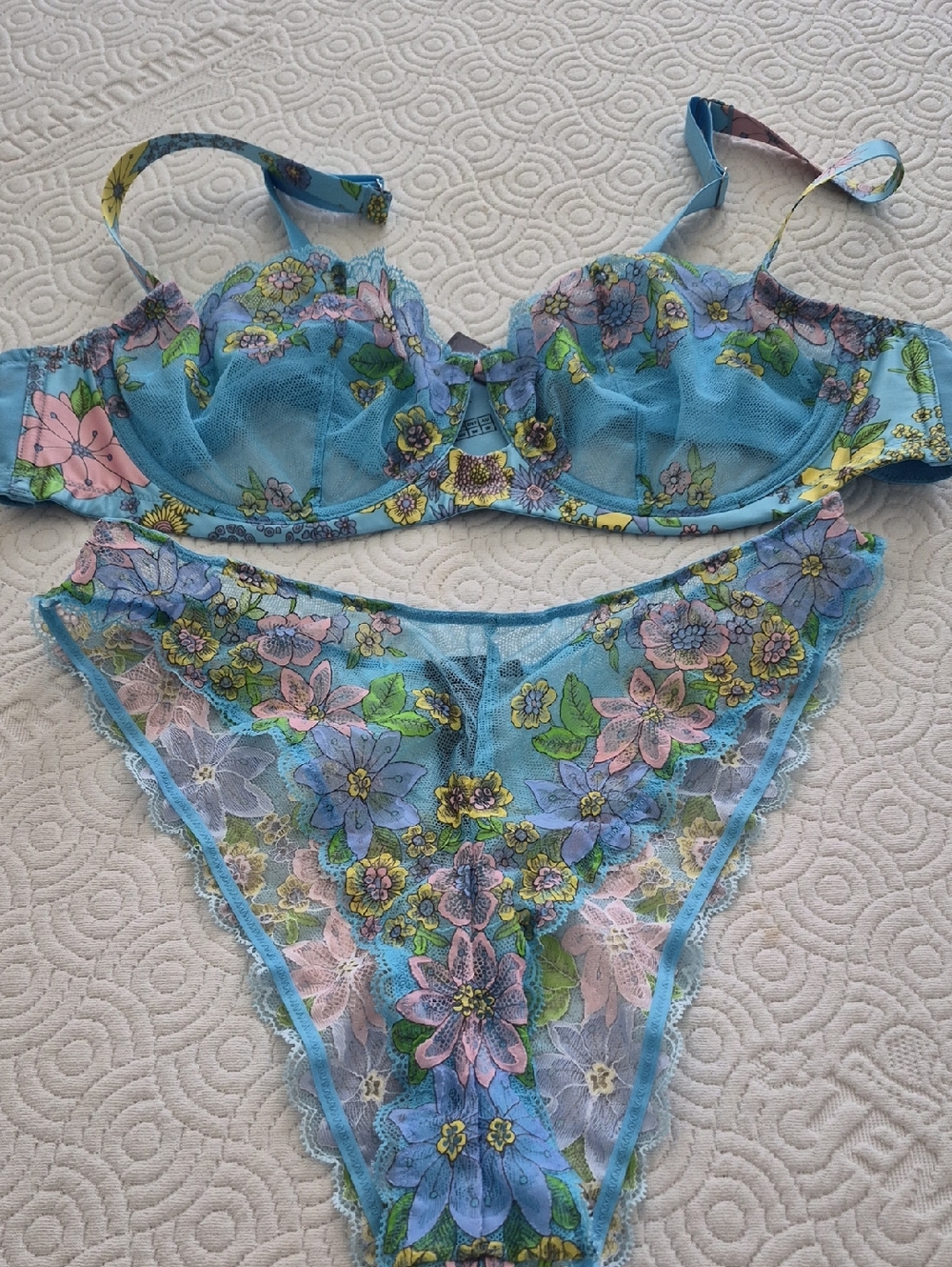 Savage X Fenty Blue Floral Lace Lingerie Set - Sheer Embroidered Bra & Panty